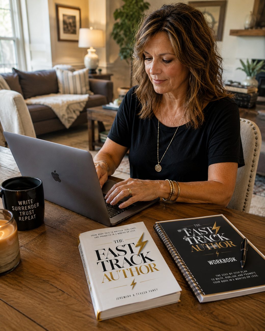 A writer working on her book at a laptop, notebook and coffee beside her